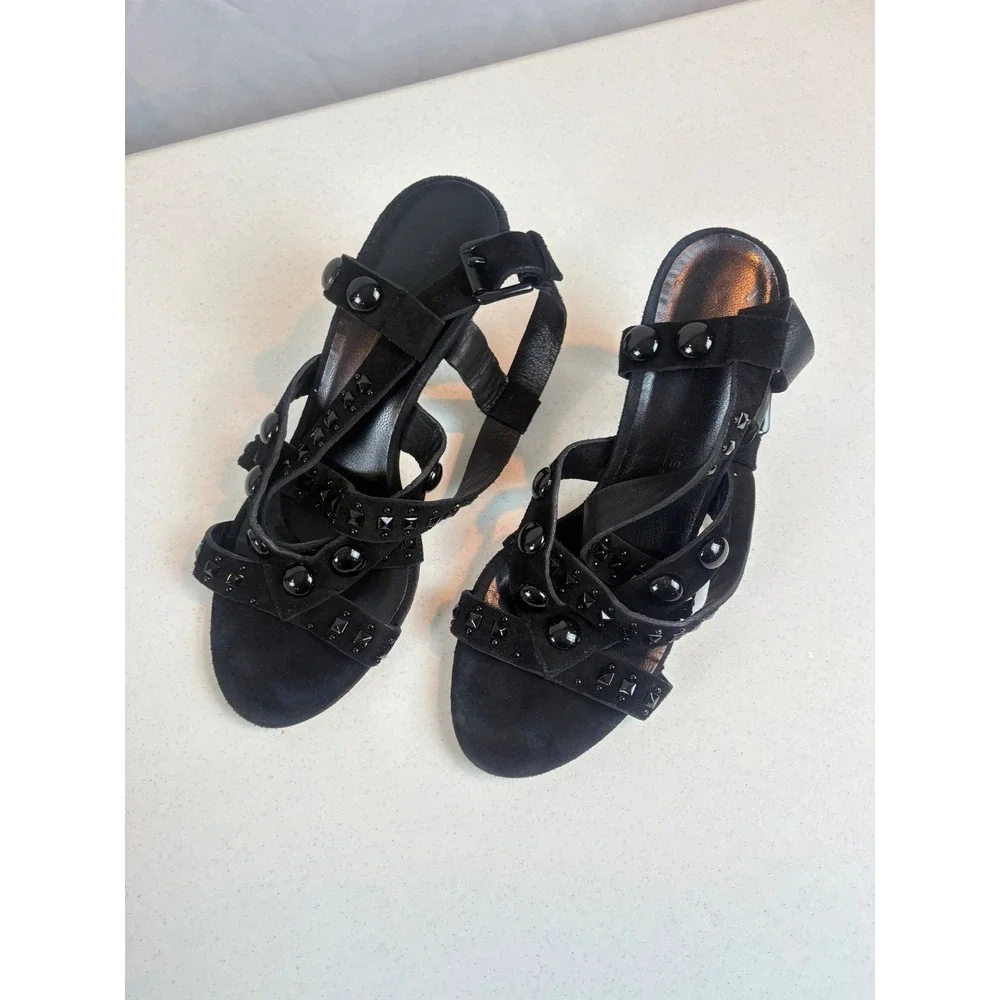 Vero Cuoio Black Suede Studded Strappy High Heel Sandals Made in Italy Size 37.5